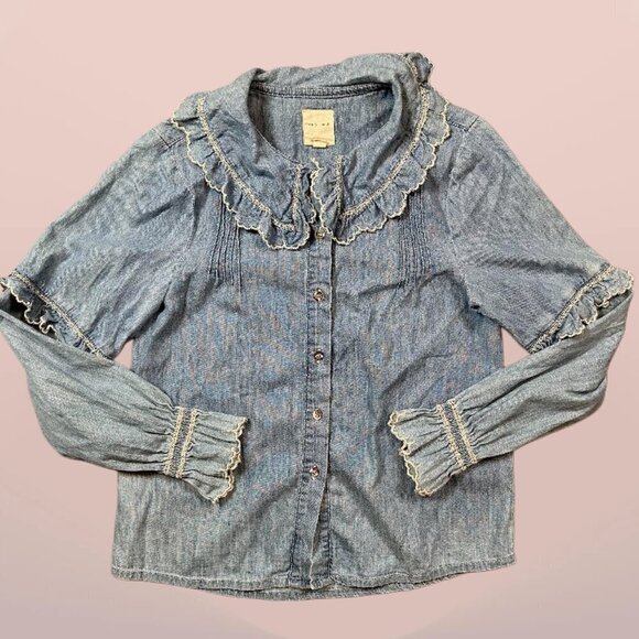 seventy + mochi Tops - seventy + mochi Phoebe Ruffled Collar Blouse in Light Chambray Denim Size 2